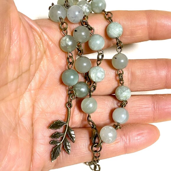 Natural Mint Green Serpentine Necklace, Bronze Leaf Branch + Genuine Gemstone - Picture 16 of 16